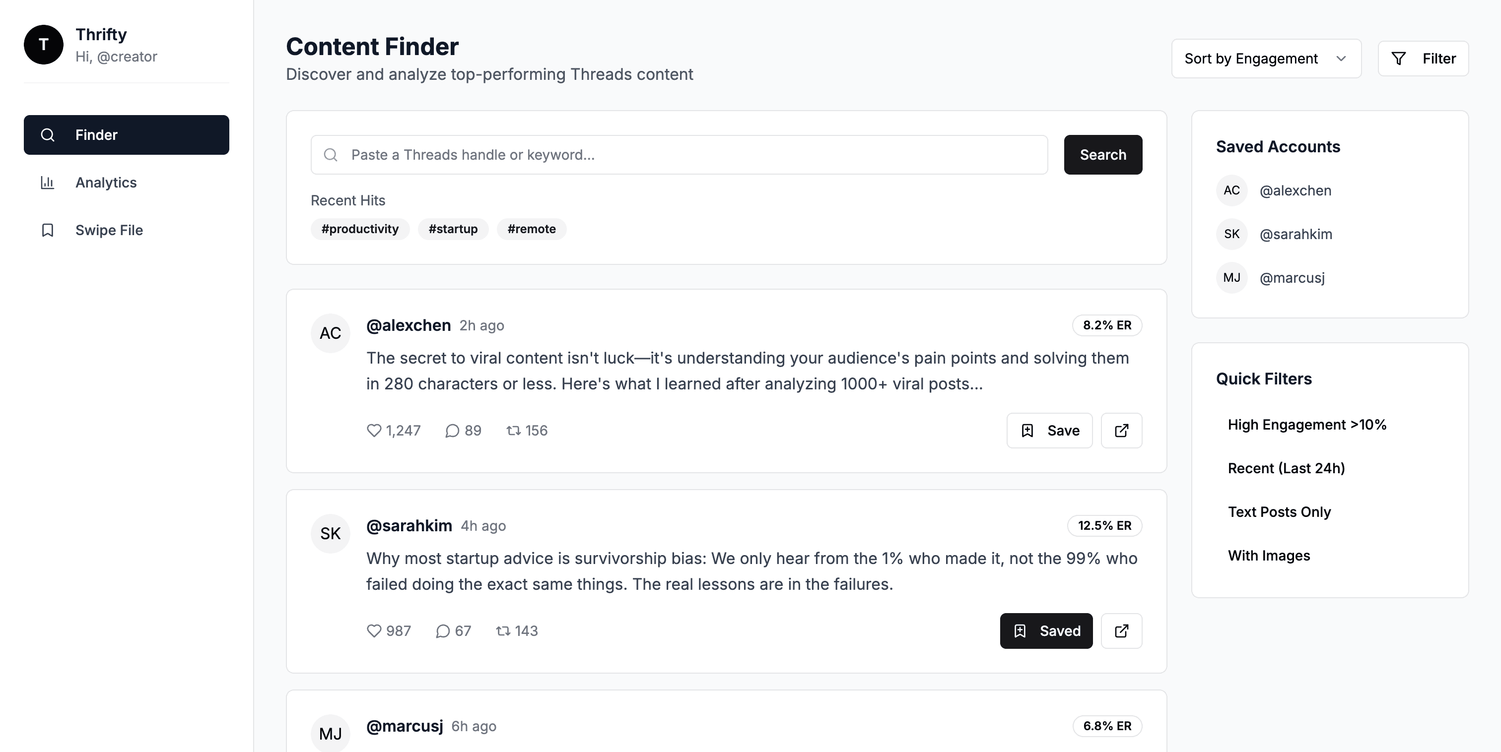 Thrifty Content Finder - Discover and analyze top-performing Threads content